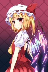 Rule 34 | 1girl, ascot, blonde hair, cowboy shot, flandre scarlet, glowing, glowing wings, hat, hat ribbon, highres, looking at viewer, mob cap, naba (take tonbo), open mouth, puffy short sleeves, puffy sleeves, red eyes, ribbon, shirt, short sleeves, skirt, skirt set, solo, touhou, vest, wings
