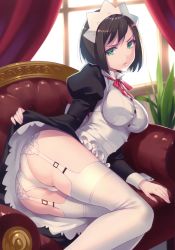 Rule 34 | 1girl, absurdres, apron, ass, borrowed character, bow, bowtie, breasts, brown hair, buttons, clothes lift, couch, dress, dress lift, fingernails, garter straps, green eyes, highres, holding, holding clothes, holding skirt, indoors, juliet sleeves, lips, long sleeves, looking at viewer, lying, maid, maid headdress, medium breasts, nishimura eri, on side, original, panties, plant, puffy sleeves, scan, serious, short hair, skirt, solo, thighhighs, underwear, white thighhighs, window