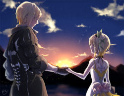 Rule 34 | 10s, 1boy, 1girl, akitou (4078513), black neckwear, blonde hair, brother and sister, cloud, dress, edna (tales), eizen (tales), eye contact, facing away, gloves, hair over eyes, holding hands, hetero, looking at another, ribbon, short hair, siblings, side ponytail, smile, sunset, tales of (series), tales of berseria, tales of zestiria, white dress
