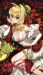 Rule 34 | 1girl, ahoge, blonde hair, breasts, bridal gauntlets, choker, cleavage, dated, dress, elbow gloves, fate/extra, fate (series), fingerless gloves, flower, food, fruit, gloves, grapes, green eyes, hair bun, hair intakes, head rest, highres, huichenx, jewelry, large breasts, looking at viewer, necklace, nero claudius (fate), nero claudius (fate) (all), nero claudius (fate/extra), nero claudius (formal dress) (fate), official alternate costume, parted lips, rose, single hair bun, smile, solo, thighlet, weibo watermark, white dress, white gloves, wreath