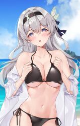 1girl :o bare_shoulders bikini black_hairband blue_sky breasts cloud day firefly_(honkai:_star_rail) grey_hair groin hairband head_tilt highres honkai:_star_rail honkai_(series) large_breasts long_hair looking_at_viewer matrix16 navel off_shoulder open_mouth purple_eyes side-tie_bikini_bottom sky solo stomach swimsuit upper_body very_long_hair