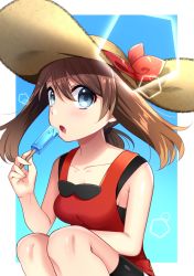 Rule 34 | 1girl, absurdres, alternate color, bad id, bad pixiv id, black shirt, black shorts, blue eyes, breasts, brown hair, cleavage, collar, creatures (company), food, game freak, hair between eyes, hat, hat ribbon, highres, holding, holding food, ice cream, long hair, may (pokemon), may (pokemon oras), medium breasts, nintendo, open mouth, pokemon, pokemon oras, ponytail, red ribbon, red shirt, ribbon, shiny skin, shirt, short shorts, shorts, shorts under shorts, sideboob, sleeveless, sleeveless shirt, solo, squatting, straw hat, sun hat, twintails, white shorts, yellow hat, yuihico