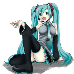 Rule 34 | 1girl, aqua eyes, aqua hair, aqua nails, bare shoulders, boots, breasts, detached sleeves, hatsune miku, headphones, long hair, microphone, nail polish, necktie, panties, skirt, solo, striped clothes, striped panties, tansan otoko, thigh boots, thighhighs, twintails, underwear, upskirt, very long hair, vocaloid