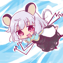 Rule 34 | 1girl, :d, animal ears, black dress, blue capelet, blush stickers, capelet, chibi, commentary request, dowsing rod, dress, full body, grey hair, kasuga yuuki, long sleeves, mouse ears, mouse girl, mouse tail, nazrin, open mouth, red eyes, round teeth, shirt, sleeveless, sleeveless dress, smile, solo, tail, teeth, touhou, upper teeth only, white shirt, wide sleeves