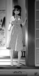 Rule 34 | 10s, 1girl, akagi (kancolle), alternate costume, artist name, belt, dress, floral print, greyscale, hyouju issei, kantai collection, kneehighs, monochrome, no shoes, parted lips, print dress, sandals, signature, sleeveless, socks, solo, standing