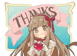 Rule 34 | 1girl, angelica (k3lly), blunt bangs, blush stickers, brown eyes, brown hair, choker, commentary, dress, english commentary, english text, gloves, hairband, happy tears, heart, highres, holding, holding heart, k3lly, long hair, looking at viewer, original, puffy short sleeves, puffy sleeves, red choker, red hairband, red ribbon, ribbon, ribbon choker, short sleeves, smile, solo, tears, thank you, upper body, white dress, white gloves