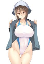 Rule 34 | 1girl, :d, absurdres, bare legs, blue hat, blue jacket, breasts, brown eyes, brown hair, competition swimsuit, covered navel, girls und panzer, gluteal fold, hat, headwear request, highres, impossible clothes, jacket, large breasts, long sleeves, looking at viewer, mika (girls und panzer), nakamura yukitoshi, one-piece swimsuit, open clothes, open jacket, open mouth, simple background, smile, solo, standing, swimsuit, teeth, translation request, white background