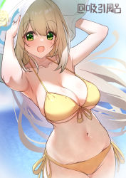 Rule 34 | 1girl, :d, armpits, bikini, blue archive, blue ribbon, breasts, flower, green eyes, hat, hat flower, hat ribbon, highres, kyuinfuro, large breasts, light brown hair, long hair, looking at viewer, navel, nonomi (blue archive), nonomi (swimsuit) (blue archive), open mouth, ribbon, side-tie bikini bottom, smile, solo, sun hat, swimsuit, white hat, yellow bikini