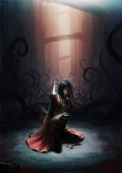 Rule 34 | 1girl, alice: madness returns, alice (alice in wonderland), alice in wonderland, alice liddell (american mcgee&#039;s alice), american mcgee&#039;s alice, american mcgee's alice, bad id, bad pixiv id, black hair, blood, boots, covering face, covering privates, dress, hbptcsg2, knee boots, kneeling, knife, long hair, pantyhose, plant, red eyes, solo, striped clothes, striped pantyhose, vines, zi ye (hbptcsg2)