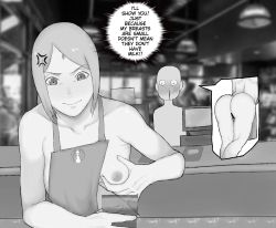 Rule 34 | 1boy, 1girl, anger vein, apron, ass, bar censor, bare arms, bare shoulders, blood, blurry, blush, boruto: naruto next generations, breast conscious, breasts, censored, collarbone, counter, depth of field, english text, faceless, faceless male, facial mark, forehead mark, greyscale, hand milking, haruno sakura, highres, iced latte with breast milk (meme), indoors, logo parody, looking at another, looking at ass, meme, monochrome, naked apron, naruto (series), nosebleed, parted bangs, self milking, small breasts, small nipples, spoken character, starbucks, thought bubble, torikku (torikku1995)