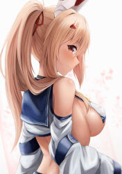 Rule 34 | 1girl, absurdres, ayanami (azur lane), azur lane, black choker, blue sailor collar, blurry, blurry background, breast curtain, breasts, brown eyes, brown hair, choker, closed mouth, commentary request, covered erect nipples, crop top, depth of field, detached sleeves, grey background, hair ornament, hair ribbon, hairclip, headgear, highres, long hair, long sleeves, looking at viewer, looking back, medium breasts, ponytail, red ribbon, ribbon, ryara, sailor collar, shirt, simple background, sleeveless, sleeveless shirt, smile, solo, white shirt, white sleeves, wide sleeves