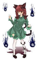 Rule 34 | 1girl, anb, animal ears, blush, braid, cat ears, cat girl, cat tail, female focus, floating skull, hair ribbon, highres, kaenbyou rin, leaning, leg ribbon, multiple tails, open mouth, red eyes, red hair, ribbon, shadow, shigurio, short hair, simple background, smile, solo, tail, thighhighs, touhou, twin braids, twintails, white thighhighs, zettai ryouiki