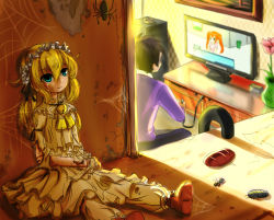 Rule 34 | 1boy, 2girls, abandoned, against wall, ant, bell, black hair, blonde hair, blue eyes, broken, bug, chinese text, closet, controller, crying, damaged, doll, doll joints, dress, flower, game controller, hairband, head tilt, highres, bug, isopod, jingle bell, joints, layered dress, light, lolita hairband, looking up, multiple girls, original, pillbug, qys3, ribbon, short hair, silk, sitting, spider, spider web, streaming tears, tears, television, torn clothes, vase