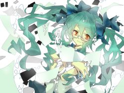 Rule 34 | 1girl, bad id, bad pixiv id, bandages, bespectacled, glasses, green hair, hatsune miku, kukunn, long hair, orange eyes, solo, torinoko city (vocaloid), twintails, very long hair, vocaloid