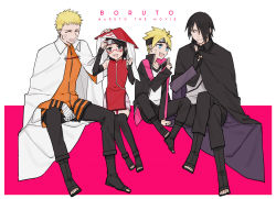 Rule 34 | 1girl, 3boys, 7mexxx, arm warmers, black hair, blonde hair, boruto: the movie, cape, cloak, forehead protector, glasses, hair over one eye, jacket, multiple boys, naruto, naruto (series), open clothes, open jacket, simple background, spiked hair, uchiha sarada, uchiha sasuke, uzumaki boruto, uzumaki naruto, whiskers