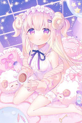 Rule 34 | 1girl, :q, barefoot, bloomers, blue ribbon, blush, closed mouth, collared shirt, commentary request, cup, frilled shirt collar, frills, hair between eyes, hair ornament, hairclip, highres, holding, holding cup, horns, ikari (aor3507), key, light brown hair, long hair, looking at viewer, mug, neck ribbon, original, purple eyes, ribbon, sheep, sheep horns, shirt, sitting, sleeveless, sleeveless shirt, smile, solo, spoon, star (symbol), tongue, tongue out, twitter username, two side up, underwear, very long hair, wariza, white bloomers, white shirt, window