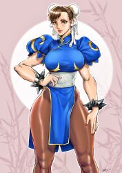 Rule 34 | 1girl, absurdres, bracelet, breasts, brown hair, brown pantyhose, bun cover, capcom, china dress, chinese clothes, chun-li, cowboy shot, double bun, dress, earrings, gtolin chang, hair bun, highres, jewelry, large breasts, leaf, leaf background, legs apart, pantyhose, pelvic curtain, pink background, sash, short hair, solo, spiked bracelet, spikes, street fighter, street fighter ii (series), studded bracelet, thick thighs, thighs