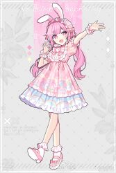 Rule 34 | 1girl, :d, animal ears, bow, bowtie, commentary, dress, fake animal ears, frilled dress, frilled sleeves, frills, hairband, highres, lolita fashion, lolita hairband, looking at viewer, low twintails, ootori emu, open mouth, pink bow, pink bowtie, pink dress, pink eyes, pink footwear, pink hair, project sekai, puffy short sleeves, puffy sleeves, rabbit ears, rainbow print, shoes, short sleeves, smile, socks, solo, sweet lolita, twintails, unicorn print, waka (wk4444), white socks, wrist cuffs