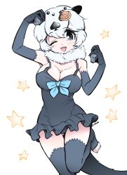 Rule 34 | 1girl, ace (playing card), animal ears, black dress, blue ribbon, breasts, californian sea otter (kemono friends), card, cleavage, dress, frilled dress, frills, fur collar, highres, kemono friends, kemono friends 3, large breasts, looking at viewer, one eye closed, otter ears, otter girl, otter tail, playing card, ribbon, shell hair ornament, short hair, shoulder strap, smile, solo, tail, thighhighs, white hair, yokuko zaza
