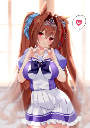 1girl animal_ears blush breasts brown_hair cowboy_shot daiwa_scarlet_(umamusume) hair_intakes hair_ornament heart heart_hands highres horse_ears horse_girl large_breasts long_hair looking_at_viewer parted_lips pink_eyes puffy_short_sleeves puffy_sleeves purple_shirt shirt short_sleeves solo tiara tosakaoil twintails umamusume white_shirt