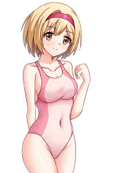 Rule 34 | 1girl, blonde hair, brown eyes, collarbone, competition swimsuit, covered navel, cowboy shot, djeeta (granblue fantasy), granblue fantasy, hairband, highres, medium hair, one-piece swimsuit, pink one-piece swimsuit, red hairband, short hair, simple background, smile, solo, split mouth, swimsuit, tamba i, two-tone swimsuit, white background