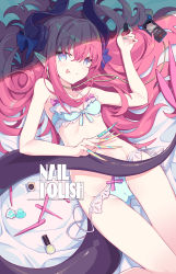Rule 34 | 1girl, :p, absurdres, bed sheet, blue eyes, blush, bow, bow bra, bow panties, bra, breasts, cameltoe, cellphone, curled horns, dragon tail, earbuds, earphones, elizabeth bathory (fate), elizabeth bathory (fate/extra ccc), fake nails, fang, fate (series), fingernails, frilled bra, frilled panties, frills, hair ribbon, highres, horns, litsvn, long fingernails, long hair, looking at viewer, lying, nail polish, nail polish bottle, on back, panties, phone, pink hair, ribbon, side-tie panties, small breasts, smartphone, smile, solo, tail, tongue, tongue out, underwear, untied panties