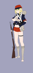 Rule 34 | 1girl, backpack, bag, barefoot, belt, belt buckle, belt pouch, bishop mastlov, blonde hair, breasts, buckle, buttons, clothing cutout, elf, female soldier, fingerless gloves, french army, full body, gloves, green eyes, gun, hat, highres, holding, holding weapon, large breasts, looking at viewer, low ponytail, military hat, military uniform, miniskirt, navel, nipple slip, nipples, original, pointy ears, pouch, red skirt, rifle, short sleeves, simple background, skirt, socks, soldier, solo, standing, thigh strap, toeless footwear, underboob, uniform, weapon, world war i