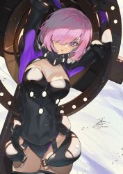 Rule 34 | 1girl, bare shoulders, black leotard, blush, breasts, commentary, covered navel, elbow gloves, fadingz, fate/grand order, fate (series), gloves, hair over one eye, highres, holding, holding weapon, large breasts, leotard, looking at viewer, lord camelot (fate), mash kyrielight, pink hair, purple eyes, short hair, smile, solo, thighhighs, weapon