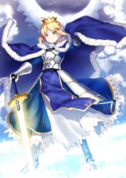 Rule 34 | 1girl, absurdres, ahoge, armor, armored dress, artoria pendragon (all), artoria pendragon (fate), bad id, bad pixiv id, blonde hair, blue cape, blue sky, boots, braid, breastplate, cape, closed mouth, cloud, cloudy sky, commentary request, crown, day, excalibur (fate/stay night), fate/stay night, fate (series), faulds, full body, fur trim, gauntlets, glowing, grass, greaves, green eyes, hair bun, hand on hilt, highres, holding, holding sword, holding weapon, ichiren namiro, legs apart, looking at viewer, outdoors, saber (fate), single hair bun, sky, solo, standing, sword, weapon