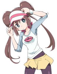 Rule 34 | 1girl, adjusting clothes, adjusting headwear, black pantyhose, blue eyes, blue sleeves, bow, brown hair, creatures (company), double bun, dressing, game freak, hair bun, hat, ixy, long hair, loose clothes, nintendo, pantyhose, pantyhose under shorts, pink bow, poke ball print, pokemon, pokemon bw2, print shirt, raglan sleeves, rosa (pokemon), shirt, short shorts, shorts, simple background, solo, twintails, very long hair, visor cap, white background, white shirt, yellow shorts