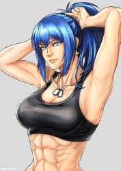 Rule 34 | 1girl, abs, adjusting hair, armpits, arms behind head, arms up, bare shoulders, black tank top, blue eyes, blue hair, breasts, dog tags, earrings, gloves, hand in own hair, hands in hair, highres, holding, holding hair, jewelry, kd kaewdesu, large breasts, leona heidern, midriff, muscular, muscular female, ponytail, solo, tank top, the king of fighters, triangle earrings, tying hair