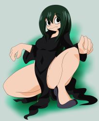 Rule 34 | 10s, 1girl, asui tsuyu, bent over, black dress, black eyes, boku no hero academia, breasts, cleavage, closed mouth, cosplay, dress, female focus, fusion, green hair, high heels, highres, large breasts, long hair, looking at viewer, one-punch man, solo, tatsumaki, tatsumaki (cosplay), thighs, voice actor connection, yuuki aoi