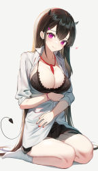 Rule 34 | 1girl, absurdres, arm under breasts, between breasts, black bra, black skirt, black tail, blush, bra, breasts, brown hair, cleavage, closed mouth, collared shirt, demon horns, demon tail, dress shirt, earrings, fang, fingernails, hair ornament, hairclip, heart, highres, horns, jewelry, lace, lace-trimmed bra, lace trim, large breasts, long fingernails, long hair, loose necktie, miniskirt, nail polish, necktie, necktie between breasts, no shoes, open clothes, open shirt, original, partially unbuttoned, pink eyes, pleated skirt, red nails, red necktie, school uniform, seiza, shirt, sidelocks, simple background, sitting, skin fang, skirt, sleeves rolled up, slit pupils, smile, socks, straight hair, stud earrings, sugar (dndi888), tail, thighs, underwear, untucked shirt, very long hair, white background, white shirt, white socks, wristband
