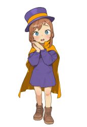 Rule 34 | 1girl, :d, a hat in time, absurdres, blue eyes, bright pupils, brown footwear, brown hair, cape, child, dress, full body, hat, hat kid, highres, long hair, long sleeves, looking at viewer, open mouth, opossumachine, orange cape, own hands together, purple dress, purple hat, shoes, sidelocks, simple background, smile, solo, standing, straight-on, teeth, top hat, upper teeth only, white background, white pupils