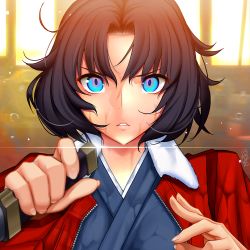 Rule 34 | 1girl, alcoholrang, black hair, blue eyes, fate/grand order, fate (series), holding, holding knife, jacket, japanese clothes, kara no kyoukai, kimono, knife, looking at viewer, multicolored eyes, parted lips, ryougi shiki, short hair, solo, type-moon