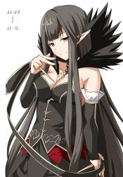 Rule 34 | &gt;:), 1girl, bare shoulders, black dress, black eyes, black hair, breasts, cleavage, closed mouth, cowboy shot, detached sleeves, dress, fate/apocrypha, fate (series), feather trim, jewelry, large breasts, long hair, looking at viewer, necklace, pointy ears, semiramis (fate), shiseki hirame, sidelocks, smile, solo, v, v-shaped eyebrows, very long hair, white background