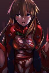 Rule 34 | 1girl, ass, blue eyes, blush, bodysuit, breasts, brown hair, covered navel, evangelion: 3.0+1.0 thrice upon a time, expressionless, hair down, hair ornament, interface headset, legs apart, long hair, long sleeves, looking at viewer, medium breasts, neon genesis evangelion, plugsuit, rebuild of evangelion, red bodysuit, sexually suggestive, shaded face, simple background, skin tight, solo, souryuu asuka langley, spread legs, torn bodysuit, torn clothes, turtleneck, very long hair, wide hips, yagisawa teru
