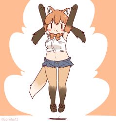 Rule 34 | 1girl, animal ears, arms up, bow, bowtie, brown background, brown hair, coroha, elbow gloves, extra ears, full body, gloves, jumping, kemono friends, kemono friends 3, long hair, looking at viewer, maned wolf (kemono friends), navel, pantyhose, shirt, shoes, shorts, simple background, sleeveless, sleeveless shirt, solo, tail, twintails, wolf ears, wolf girl, wolf tail
