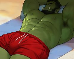 Rule 34 | 1boy, abs, armpit hair, armpits, arms up, bara, bare pectorals, beard, black hair, bulge, colored skin, dopey (dopq), facial hair, fangs, green skin, highres, large pectorals, lying, male focus, male swimwear, mature male, monster boy, muscular, muscular male, navel, navel hair, nipples, on back, orc, original, paid reward available, pectorals, pointy ears, red male swimwear, sand, short hair, sleeping, solo, stomach, swim trunks, thick eyebrows, thick thighs, thighs
