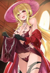 Rule 34 | 1girl, :d, bare shoulders, black gloves, blonde hair, blush, breasts, cleavage, clothes lift, coat, commentary request, dress, dress lift, gloves, hat, highres, idolmaster, idolmaster cinderella girls, jewelry, kurosaki chitose, long hair, long sleeves, looking at viewer, mk (mod0), off shoulder, open mouth, panties, pink hat, red coat, red eyes, red panties, smile, solo, thighs, underwear