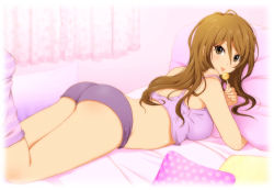 Rule 34 | 1girl, ass, bed, breasts, brown eyes, brown hair, candy, crop top, crop top overhang, extra, food, k-on!, kyoto animation, large breasts, licking, lollipop, long hair, looking at viewer, looking back, lying, md5 mismatch, micro shorts, on stomach, pantylines, pillow, shian (my lonly life.), short shorts, shorts, socks, solo, strap slip, striped clothes, striped socks, tachibana himeko, tongue