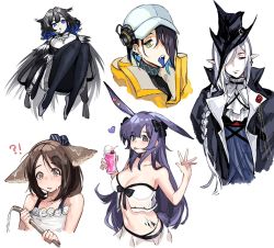 Rule 34 | !?, 5girls, :p, animal ears, arknights, asbestos (arknights), ascot, baseball cap, bikini, black bow, black collar, black hair, black headwear, black jacket, black pantyhose, blue bow, blue eyes, blue hair, blue tongue, blush, bow, braid, breasts, brown hair, cleavage, collar, collared jacket, colored tongue, dress, earclip, extra ears, female focus, fox ears, fox girl, gladiia (arknights), grey hair, hair bow, hair over one eye, hand up, hat, heart, high collar, highres, holding, holding hose, hose, infection monitor (arknights), jacket, jewelry, kjera (arknights), lapels, long hair, looking at viewer, material growth, medium breasts, mmm ma pmpm, multicolored hair, multiple girls, nail polish, navel, necklace, official alternate costume, open clothes, open jacket, oripathy lesion (arknights), pantyhose, perfumer (arknights), ponytail, purple eyes, purple hair, rabbit ears, rabbit girl, rope (arknights), rope (summer flowers) (arknights), sharp teeth, short hair, simple background, stomach, strapless, strapless bikini, swimsuit, teeth, tongue, tongue out, two-tone hair, water, waving, wet, white ascot, white background, white dress, white headwear, yellow jacket