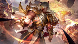 Rule 34 | 1boy, armor, belt, breastplate, character request, check character, clenched hand, closed mouth, cowboy shot, dragon, fingerless gloves, gloves, hand up, heterochromia, highres, league of legends, looking at viewer, male focus, muscular, muscular male, open mouth, prestige obsidian dragon sett, red belt, red eyes, scar, scar on face, scar on nose, sett (league of legends), sharp teeth, short hair, shoulder plates, solo focus, teeth, white hair, wutu (1183238220)