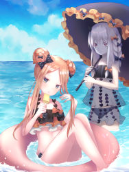 Rule 34 | 2girls, abigail williams (fate), absurdres, ass, bad id, bad pixiv id, bare shoulders, bikini, black bow, black dress, blonde hair, blush, bow, collarbone, commentary request, dress, fate/grand order, fate (series), green hair, hair bow, hair bun, highres, holding, holding umbrella, ice, in water, innertube, lavinia whateley (emerald float) (fate), lavinia whateley (fate), long hair, looking at viewer, multiple girls, multiple hair bows, naryoung, official alternate costume, orange bow, parted bangs, polka dot, polka dot bow, single hair bun, swim ring, swimsuit, thighs, umbrella, wading, water