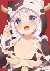 Rule 34 | 1girl, animal ears, animal print, blue eyes, blunt bangs, blush, bra, breasts, collarbone, covered erect nipples, cow ears, cow hood, cow horns, cow print, fake animal ears, fangs, hair ornament, hairclip, hand up, hood, hood up, horns, jewelry, lactation, lactation through clothes, long hair, looking at viewer, medium breasts, muku (muku-coffee), nipples, open mouth, original, red background, ring, see-through, silver hair, simple background, skin fangs, solo, sweat, underwear, unzipped, upper body, v-shaped eyebrows, white bra, zipper pull tab