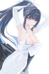 Rule 34 | 1girl, adjusting hair, armpits, arms up, black hair, blue archive, blue hair, blue halo, breasts, bridal gauntlets, choker, cleavage, colored inner hair, dress, dutch angle, elbow gloves, estelle8js, gloves, halo, highres, looking at viewer, mouth hold, multicolored hair, official alternate costume, saori (blue archive), saori (dress) (blue archive), strapless, strapless dress, white background, white bridal gauntlets, white choker, white dress, white gloves