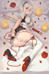 Rule 34 | 1girl, absurdres, anchor choker, ass, azur lane, bibimbub, bird, black choker, black footwear, blush, cameltoe, chick, choker, closed mouth, commentary request, dress, flower, frilled choker, frilled dress, frilled pillow, frilled sleeves, frills, from above, hair between eyes, hairband, high heels, highres, holding, holding sword, holding weapon, indoors, lace-trimmed hairband, lace trim, leg ribbon, looking at viewer, looking back, lying, maid, manjuu (azur lane), on bed, on side, panties, petals, pillow, puffy short sleeves, puffy sleeves, red eyes, red flower, red ribbon, red rose, ribbon, ribbon legwear, rose, shoes, short dress, short hair, short sleeves, single shoe, sirius (azur lane), solo, sword, thighhighs, thighs, underwear, weapon, white frills, white hair, white panties, white thighhighs