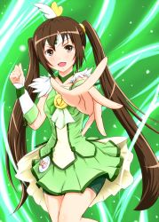 Rule 34 | 1girl, brown eyes, brown hair, cosplay, cure march, cure march (cosplay), diesel-turbo, green shorts, green skirt, green theme, long hair, midorikawa nao (cosplay), minami-ke, minami kana, precure, voice actor connection, shorts, shorts under skirt, skirt, smile precure!, solo, twintails