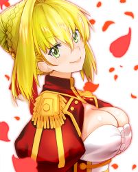 Rule 34 | 10s, 1girl, blonde hair, braid, breasts, bursting breasts, buttons, cleavage, closed mouth, epaulettes, eyebrows, facing away, fate/extra, fate (series), french braid, green eyes, hair between eyes, hair intakes, highres, large breasts, looking at viewer, nero claudius (fate), nero claudius (fate) (all), nero claudius (fate/extra), petals, short hair, simple background, single braid, smile, solo, soranaka ame, upper body, v-shaped eyebrows, white background