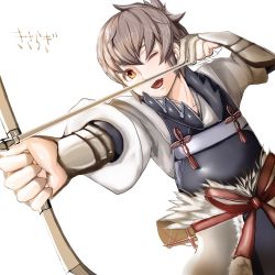 Rule 34 | 1boy, arerecle2, arrow (projectile), bow (weapon), drawing bow, fire emblem, fire emblem fates, grey hair, holding, holding bow (weapon), holding weapon, kiragi (fire emblem), male focus, nintendo, open mouth, orange eyes, simple background, solo, weapon, white background